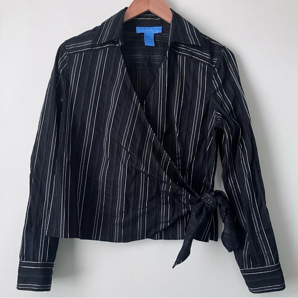 Doncaster Wrap Tie Blouse Cotton Blend Black and White Long Sleeve Shirt…